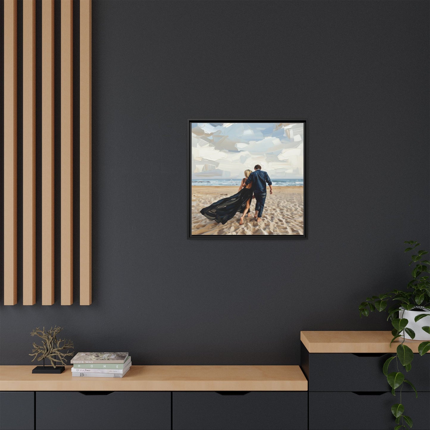 Framed Canvas Wall Art — Romantic Couple Walking on Beach Print