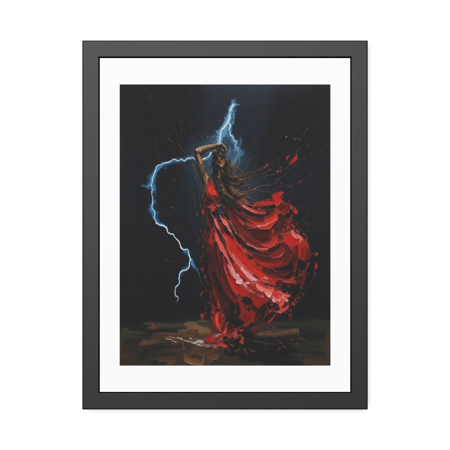 Framed Poster — Red-Dressed Dancer with Lightning Art Print