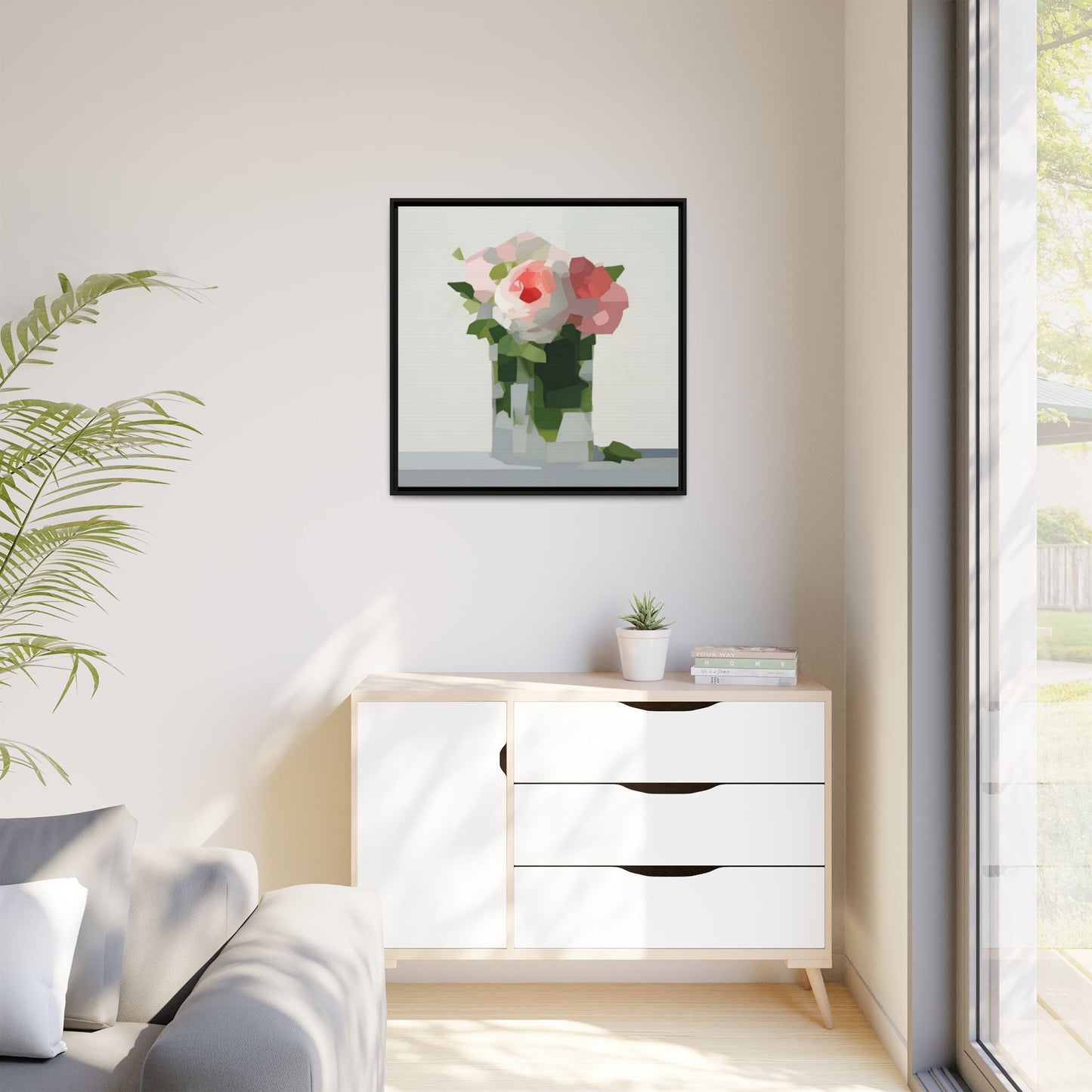 Framed Floral Canvas Print — Modern Pink Roses Still Life