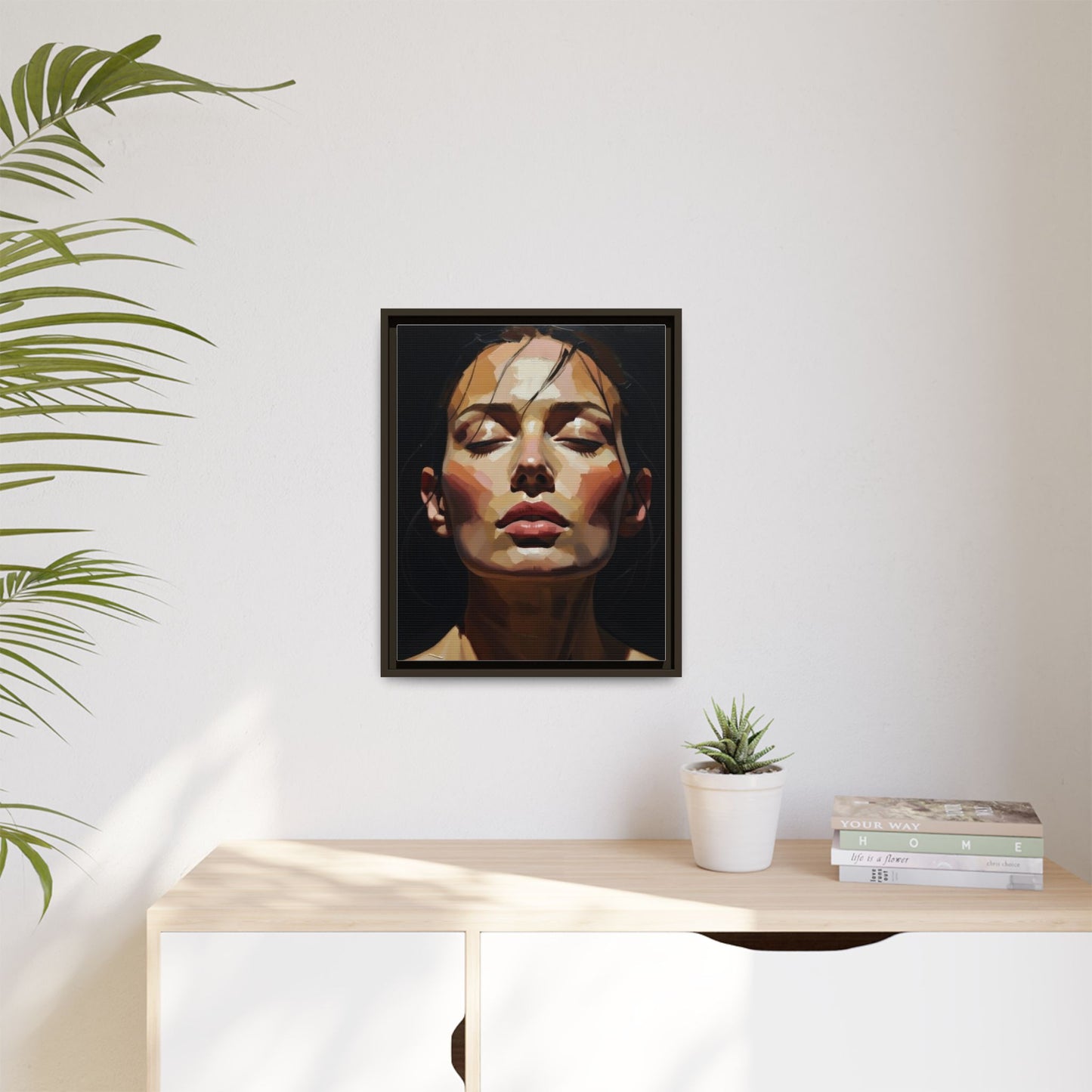 Framed Matte Canvas Portrait – Woman with Eyes Closed (Multi‑Color)