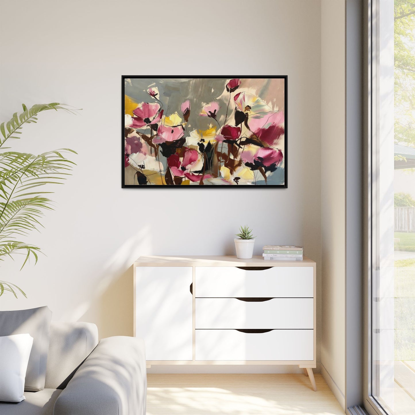 Framed Floral Canvas Wall Art — Abstract Pink & Yellow Flowers