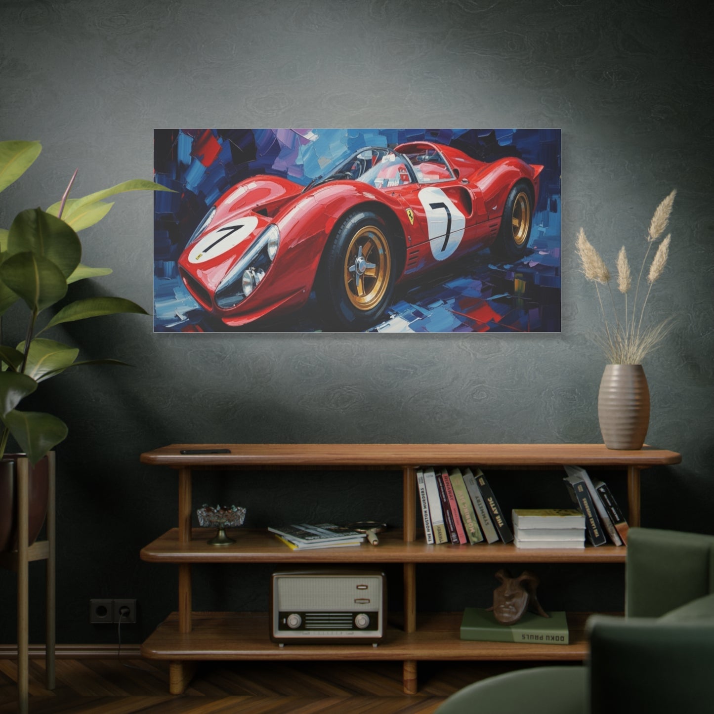 Vintage Ferrari Racing Car Canvas Print — Red Classic Sports Car Artwork (Matte Stretched)