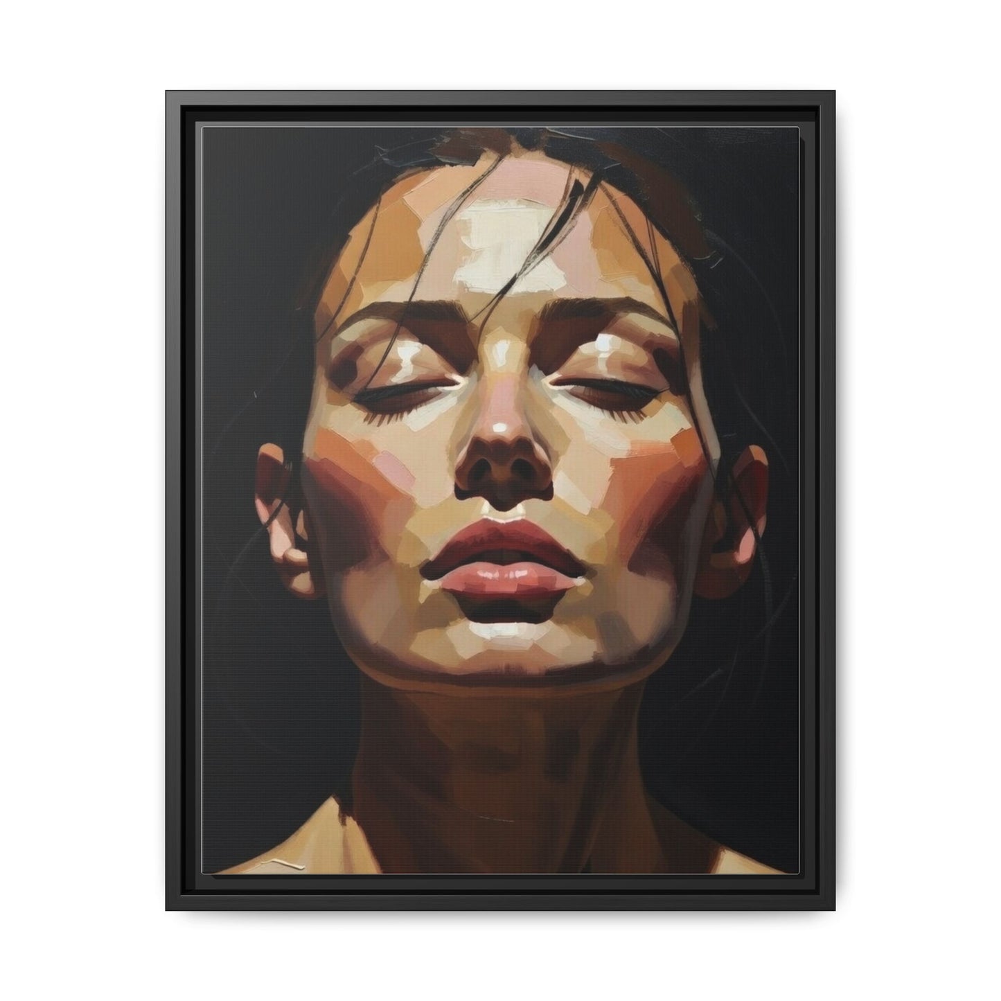 Framed Matte Canvas Portrait – Woman with Eyes Closed (Multi‑Color)