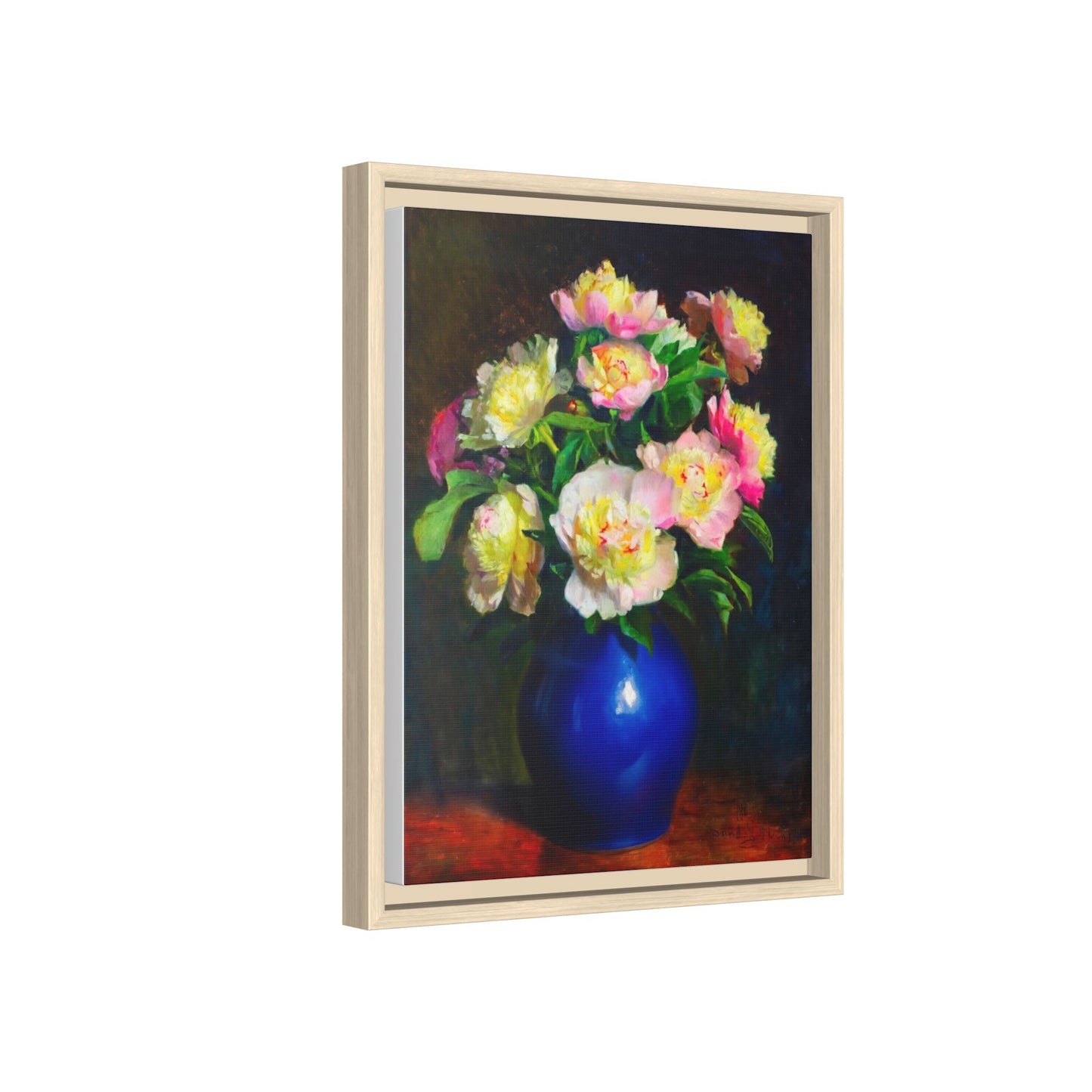 Framed Matte Canvas Wall Art — Vintage Floral Bouquet in Blue Vase