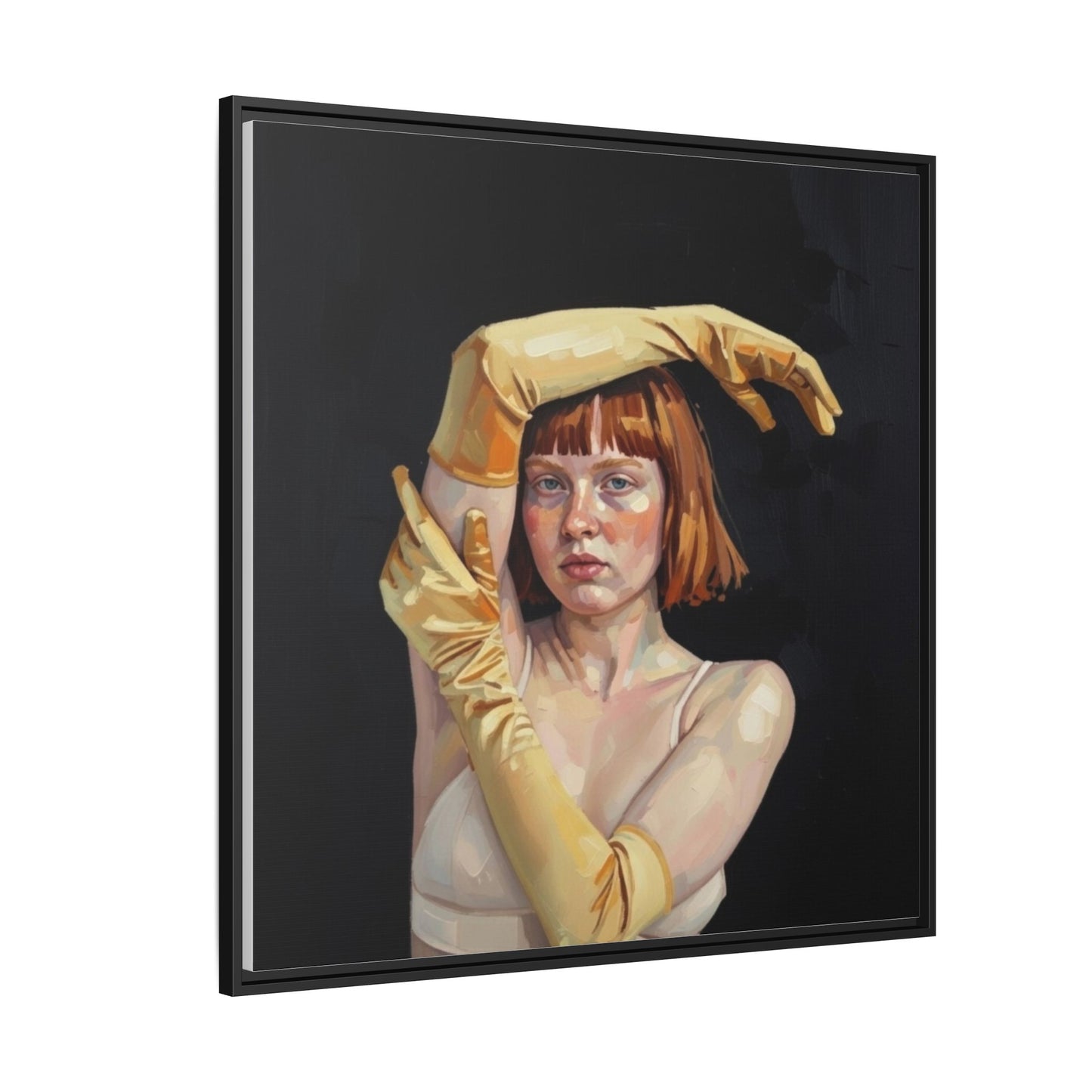 Framed Matte Canvas Art – Portrait of Woman in Yellow Gloves