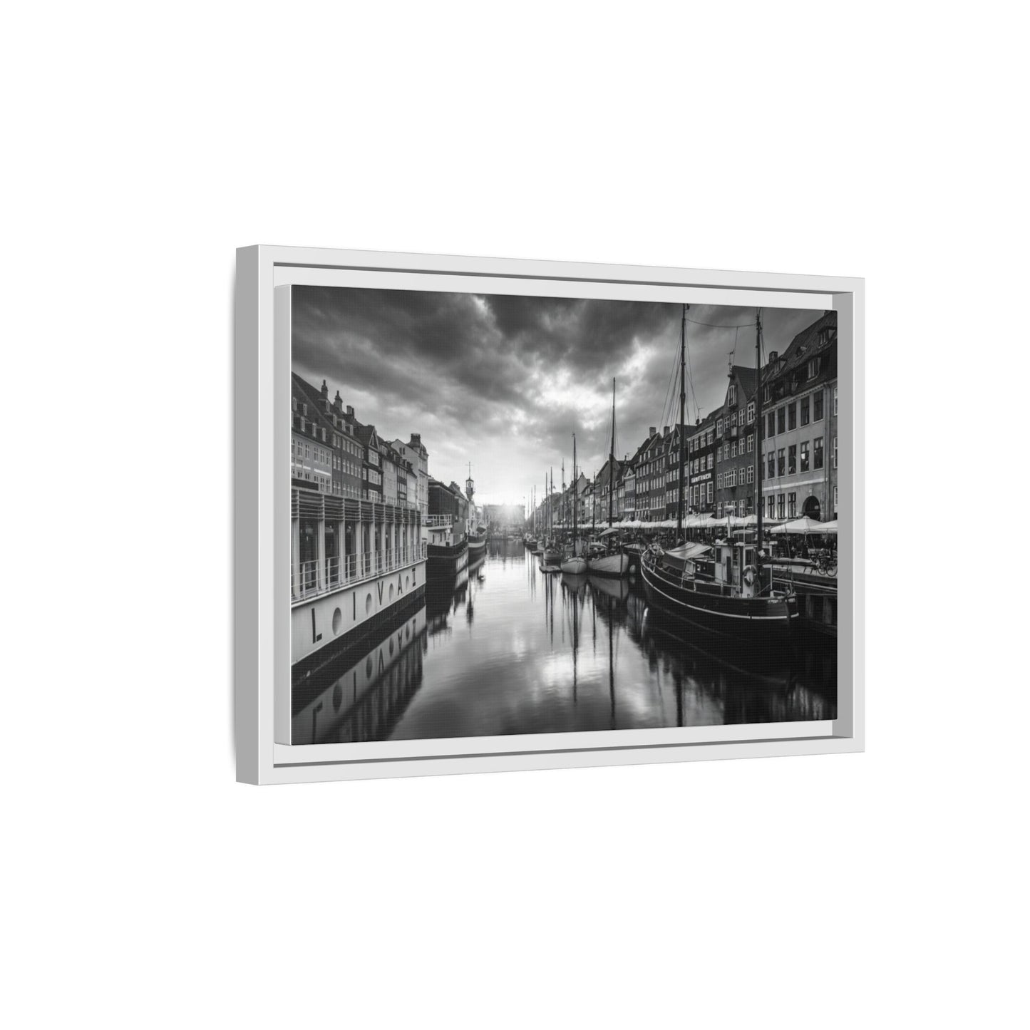 Framed Matte Canvas: Black & White Dutch Canal Photography Wall Art