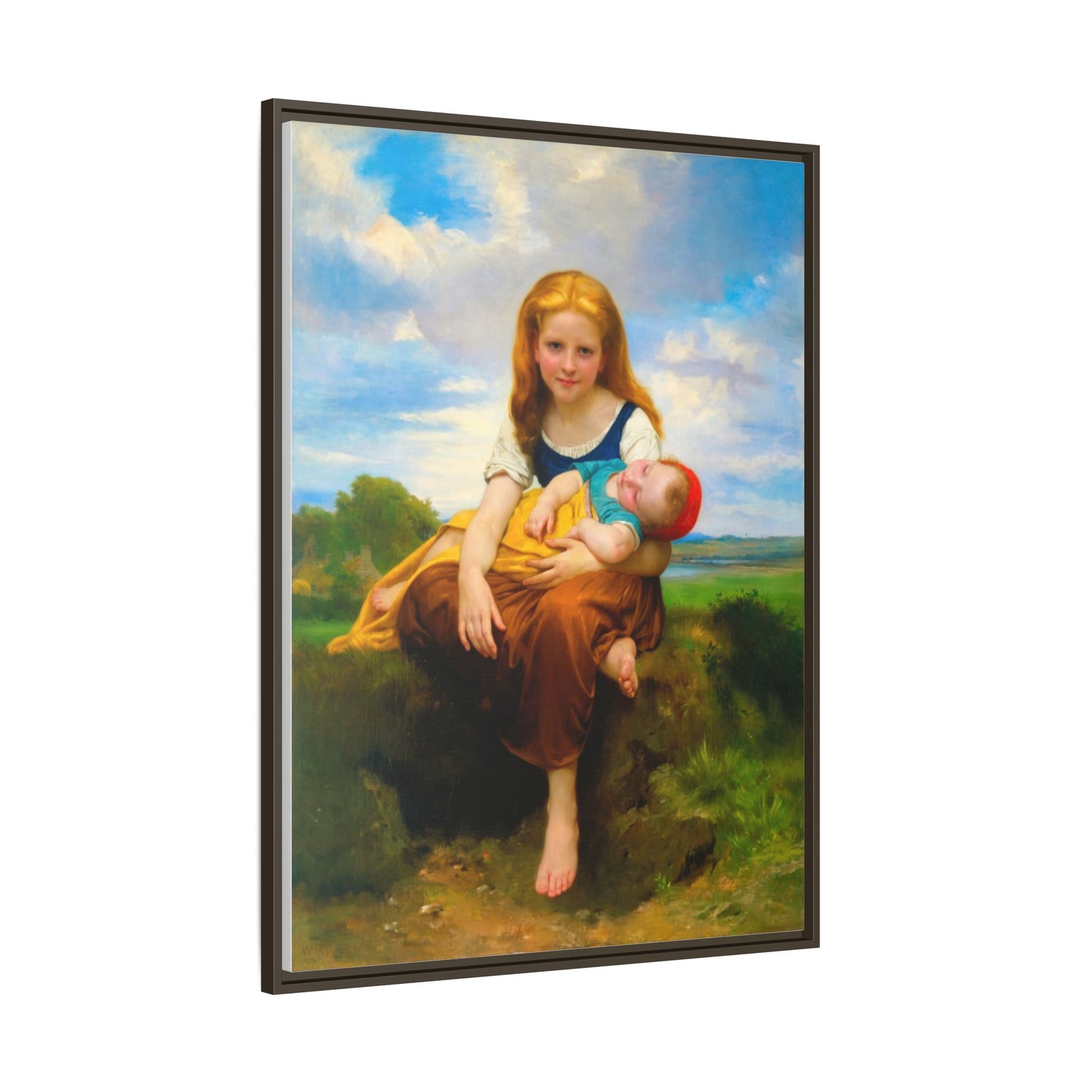 Young Girl Holding Sleeping Baby Canvas Print, Framed Wall Art