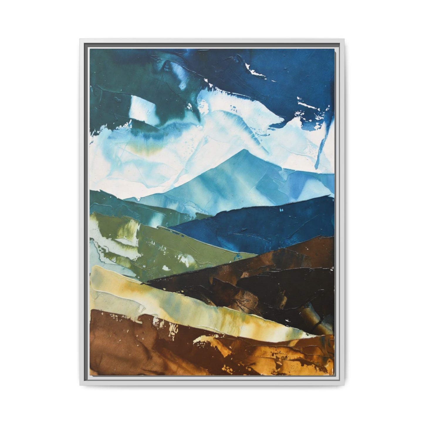 Framed Abstract Mountain Canvas Art — Blue & Earthtone Landscape Print
