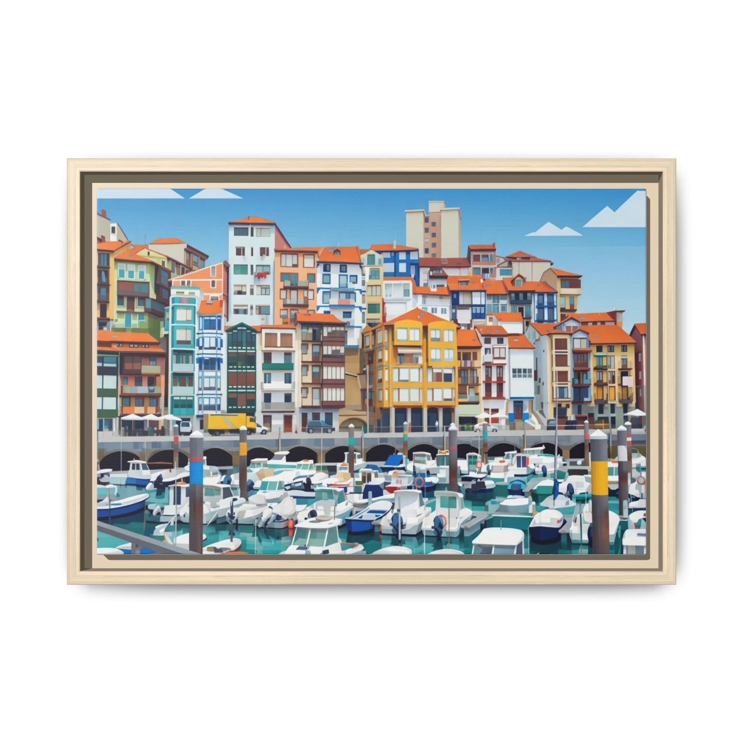 Framed Matte Canvas Print — Colorful Mediterranean Harbor Illustration