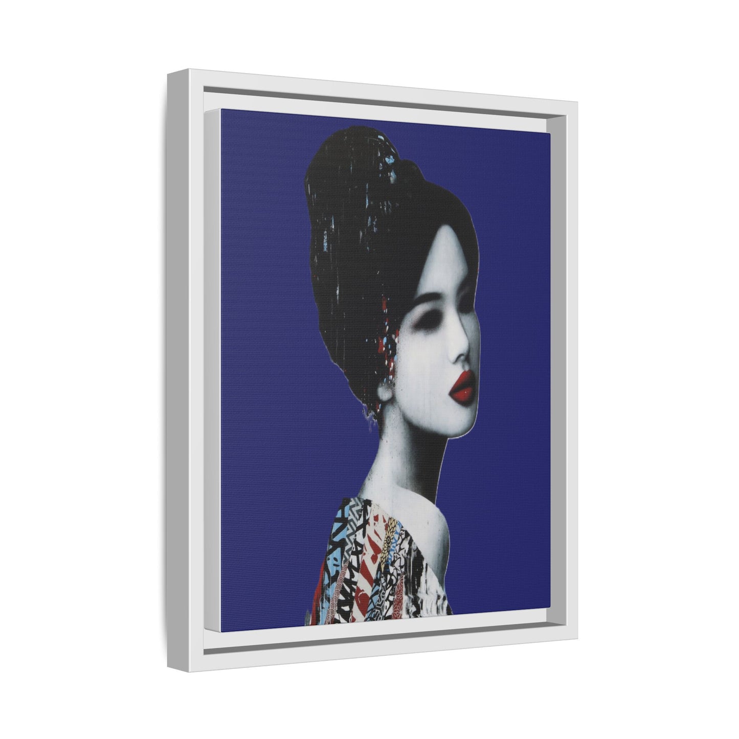 Framed Matte Canvas Art — Elegant Geisha Portrait on Deep Blue