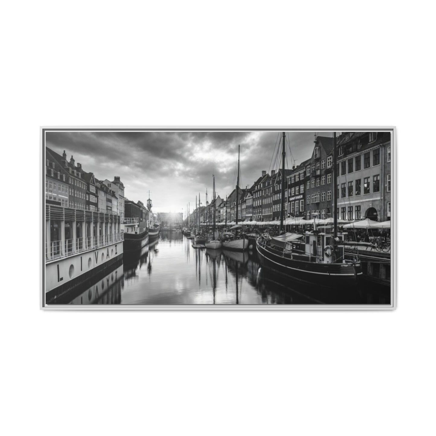 Framed Matte Canvas: Black & White Dutch Canal Photography Wall Art