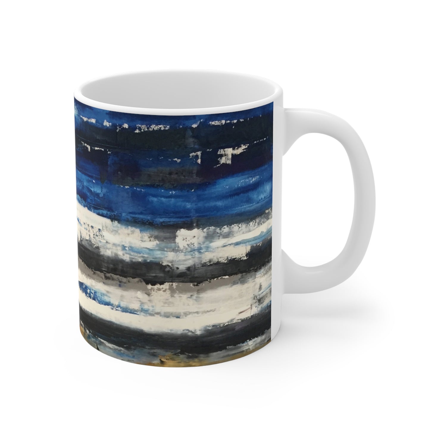 Blue Abstract Striped Ceramic Mug — Modern Ocean-Inspired 11oz Coffee Cup