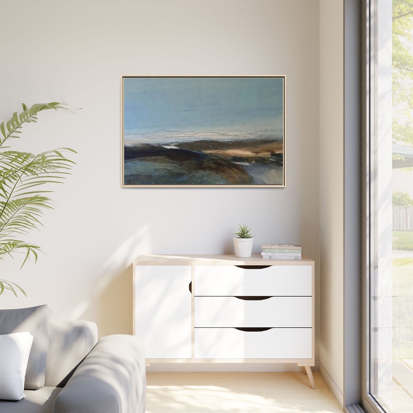Framed Matte Canvas Wall Art — Serene Abstract Blue Landscape