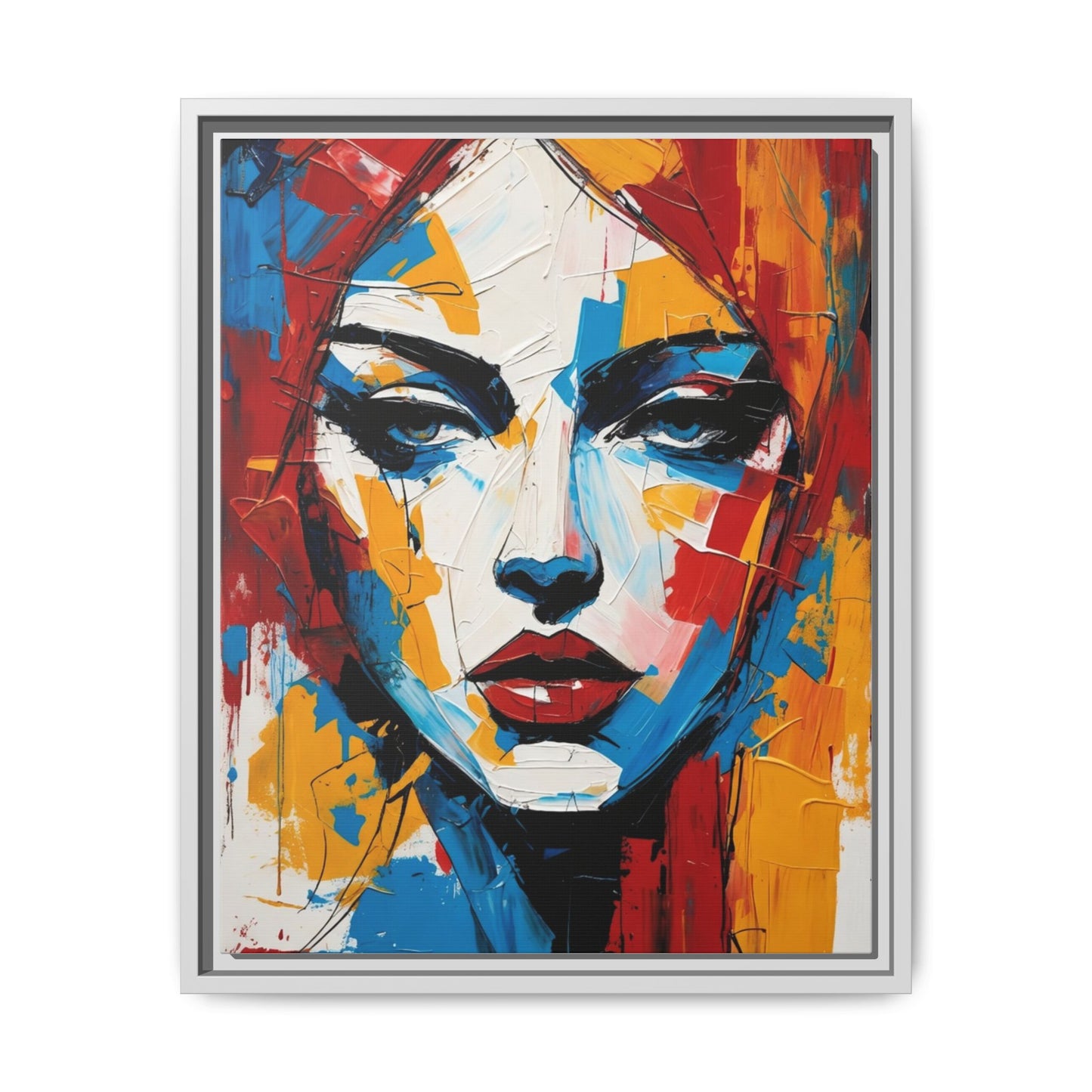 Framed Abstract Portrait Canvas — Colorful Female Face Wall Art