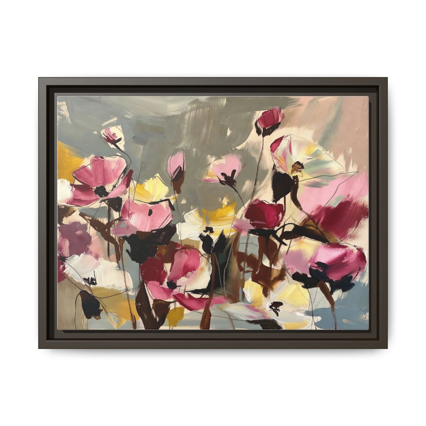 Framed Floral Canvas Wall Art — Abstract Pink & Yellow Flowers
