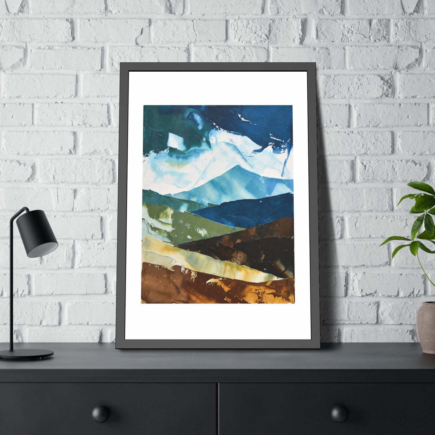 Framed Abstract Mountain Art Print – Blue & Earthtone Layered Landscape Poster