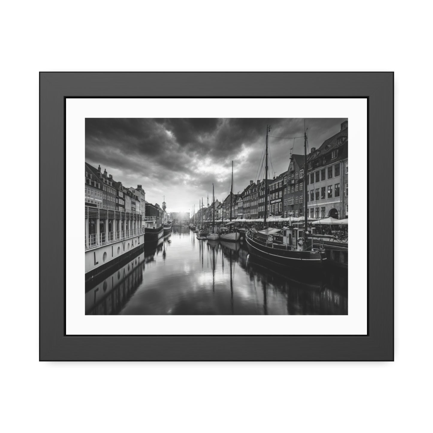 Black & White Dutch Canal Framed Photo Print — Nautical Cityscape Wall Art