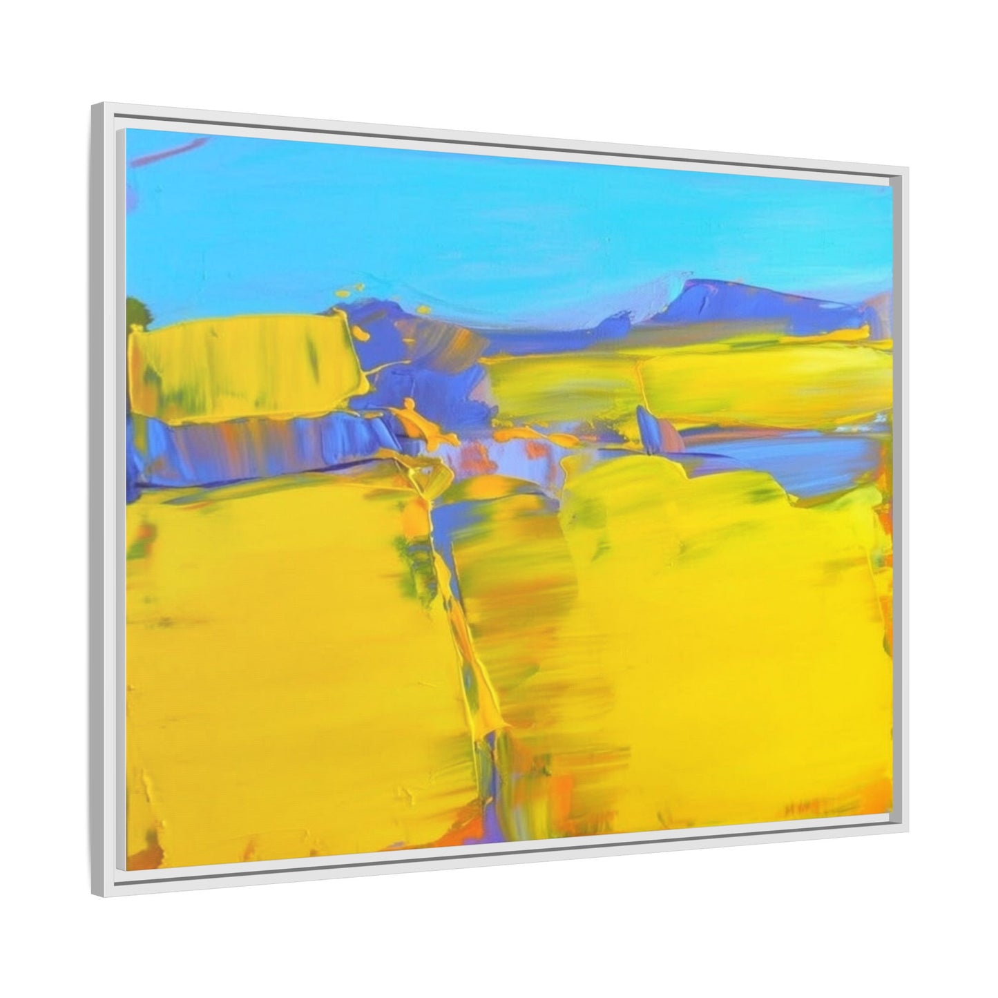 Framed Matte Canvas  Vibrant Yellow Blue Abstract Landscape Art
