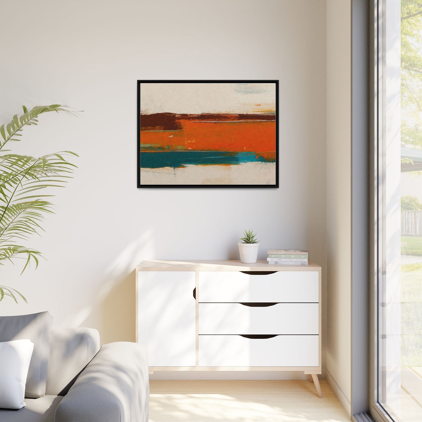 Abstract Horizon Matte Canvas Framed Print — Modern Orange Teal Wall Art