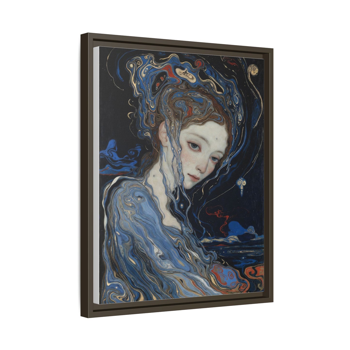 Framed Matte Canvas Art Print — Surreal Blue Maiden Portrait