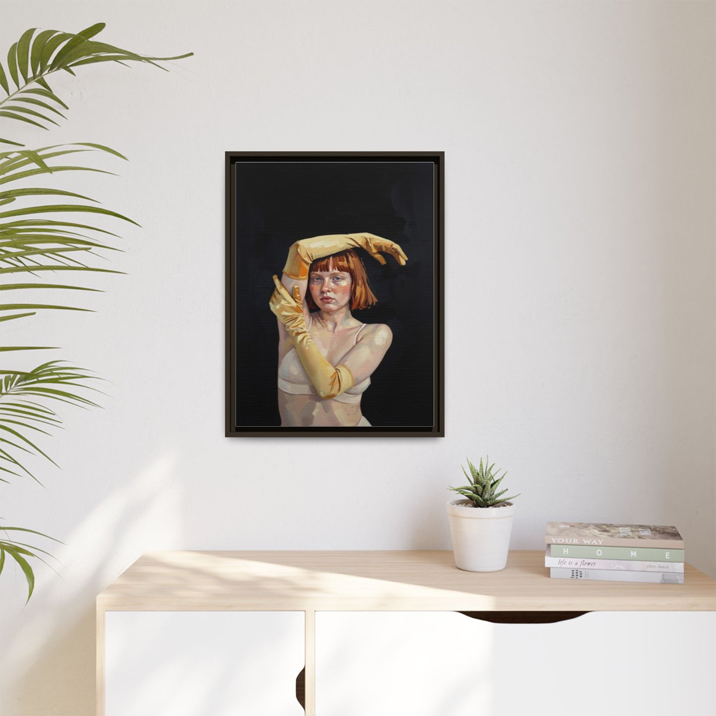 Framed Matte Canvas Art – Portrait of Woman in Yellow Gloves