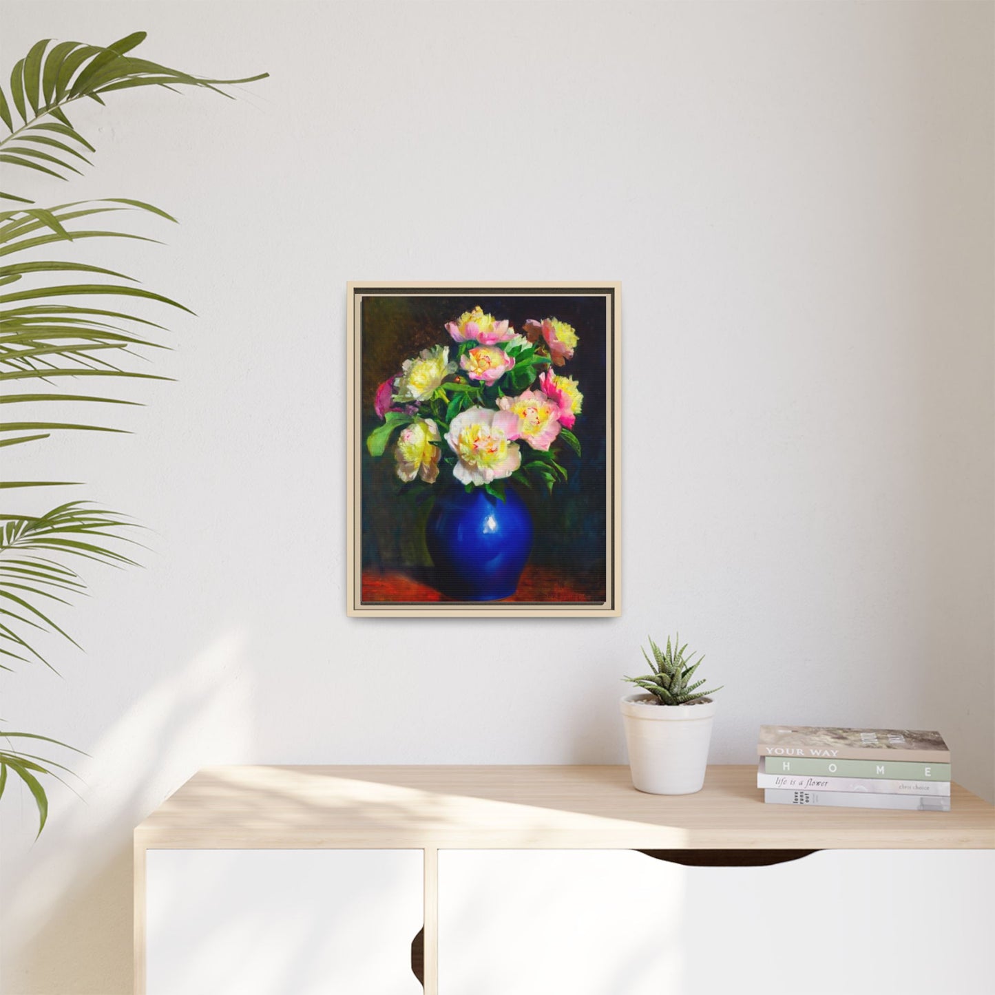 Framed Matte Canvas Wall Art — Vintage Floral Bouquet in Blue Vase