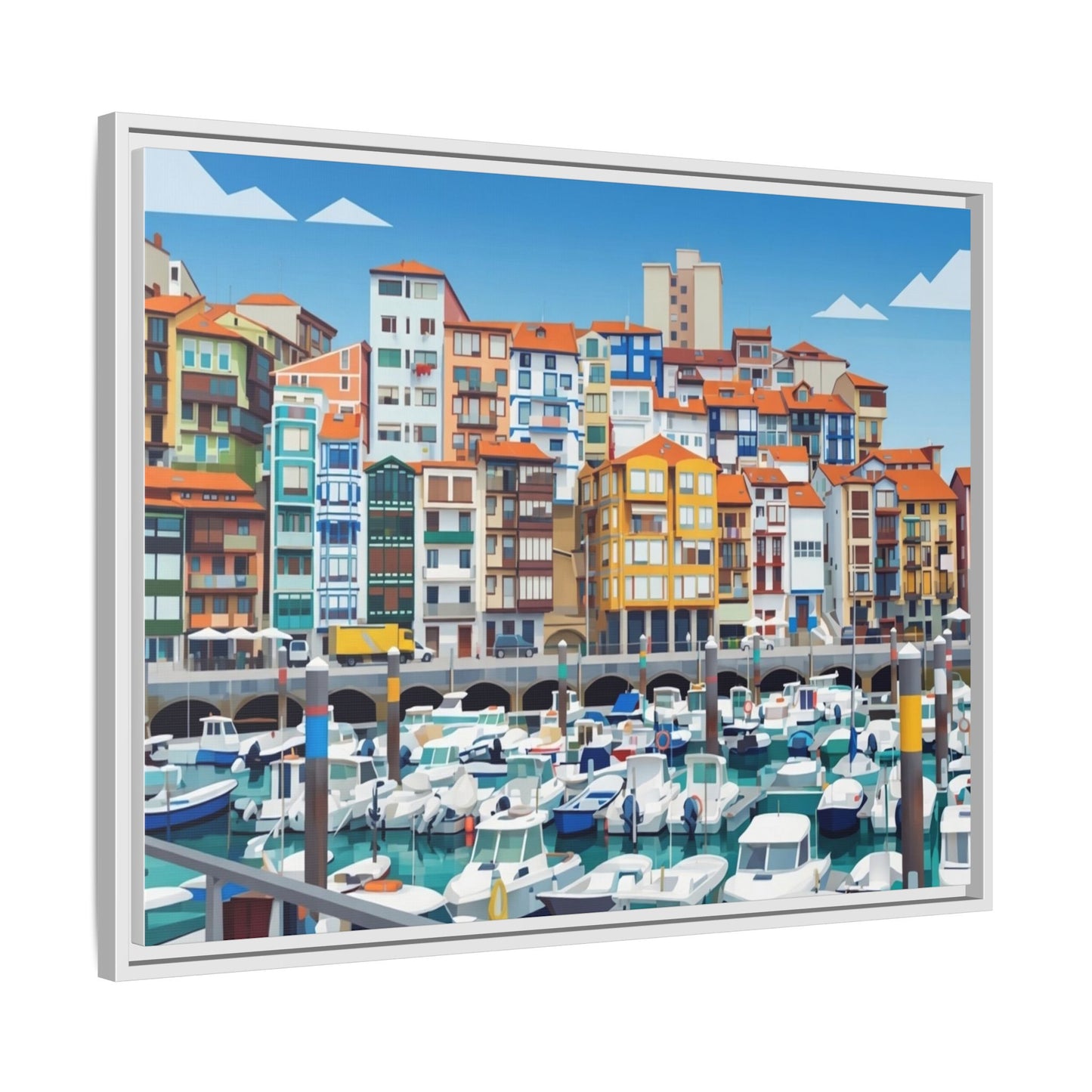 Framed Matte Canvas Print — Colorful Mediterranean Harbor Illustration