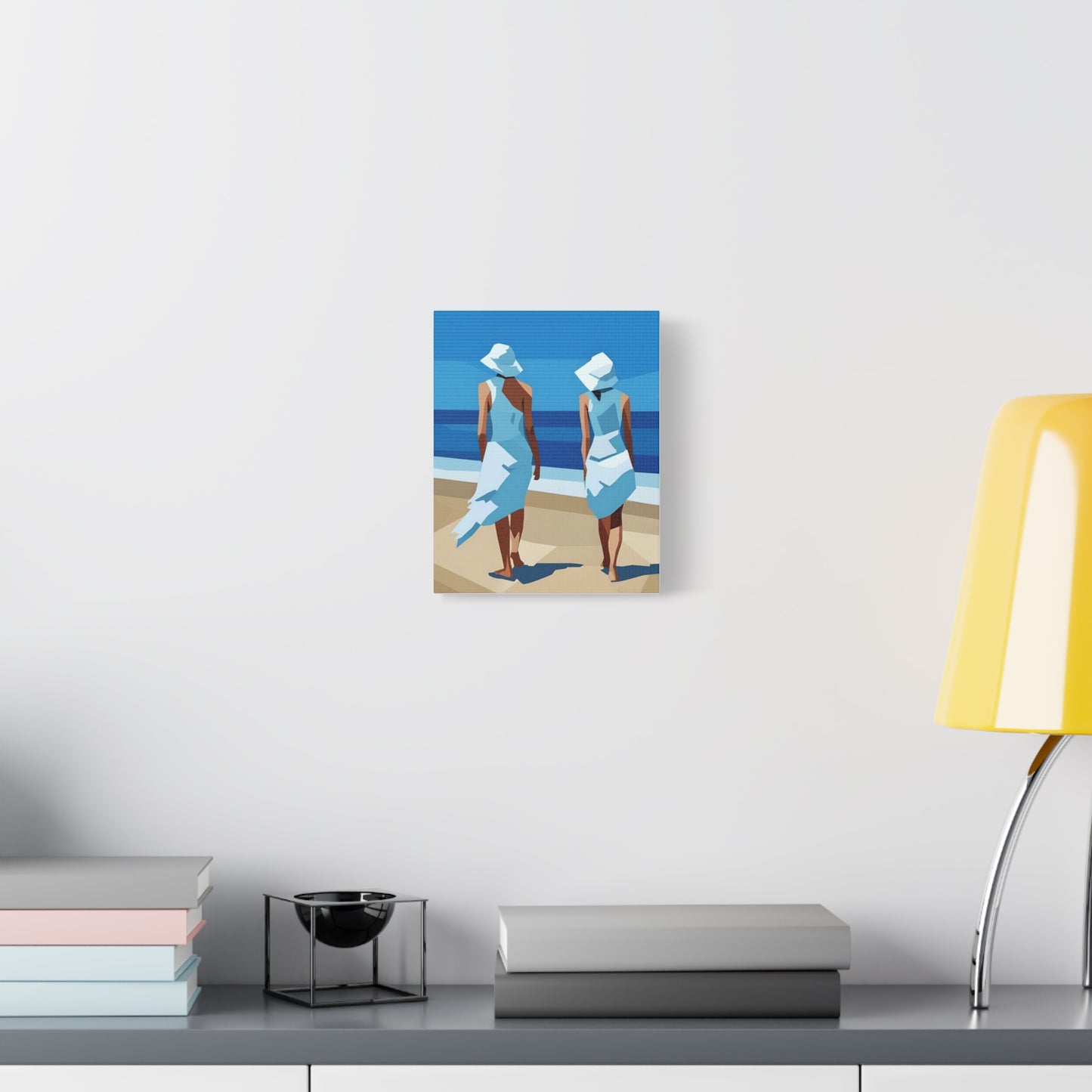 Beach Stroll Canvas Print — Two Women in Blue Sun Hats Matte Stretched