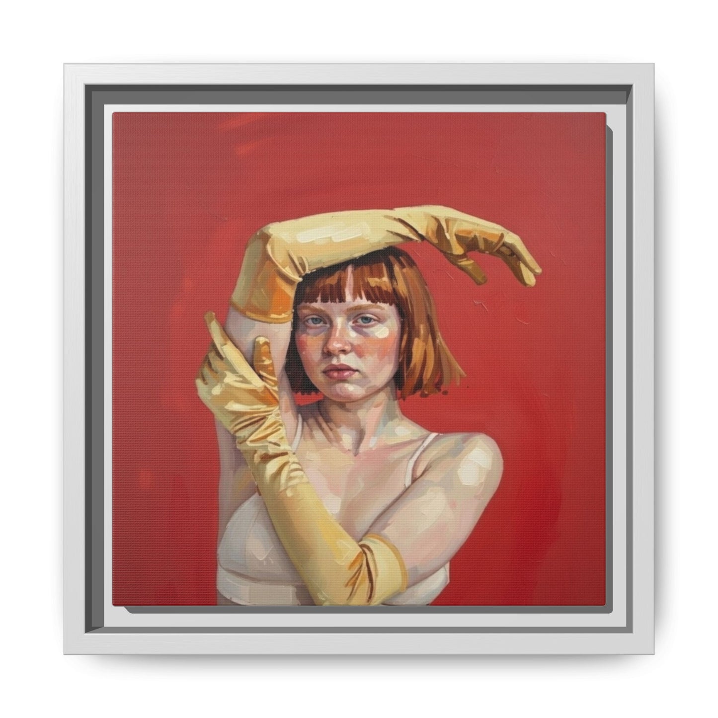 Framed Matte Canvas Art - Portrait of Woman in Yellow Gloves (Red Background)