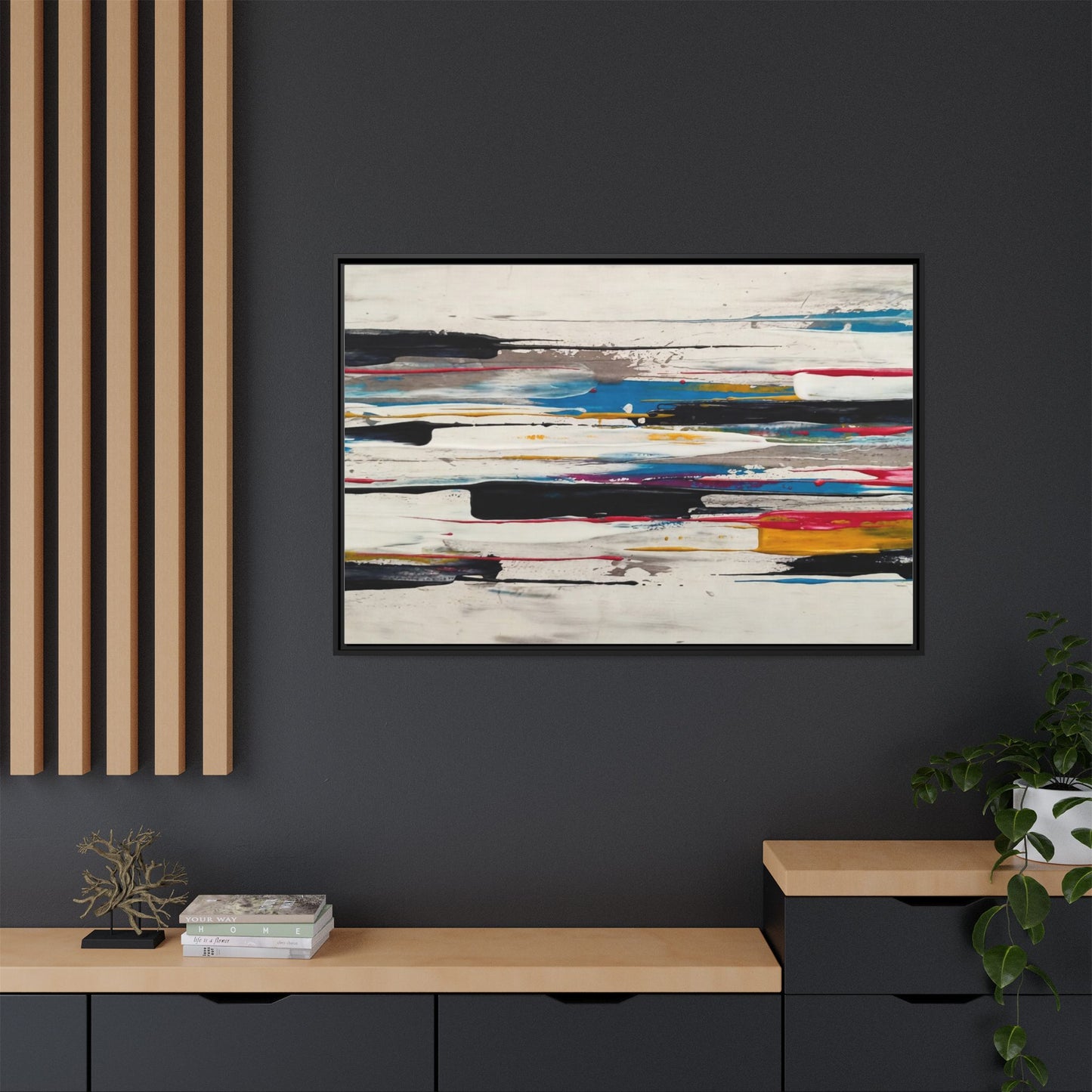 Abstract Multi-Color Framed Canvas Wall Art — Modern Horizontal Brushstroke Print