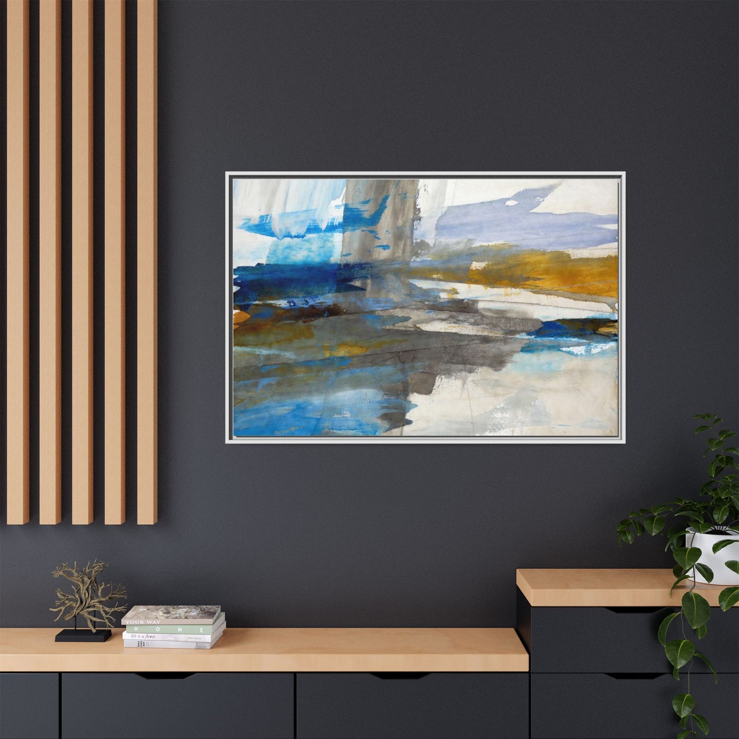 Abstract Blue & Gold Framed Canvas Art — Matte Multi-Color Wall Print