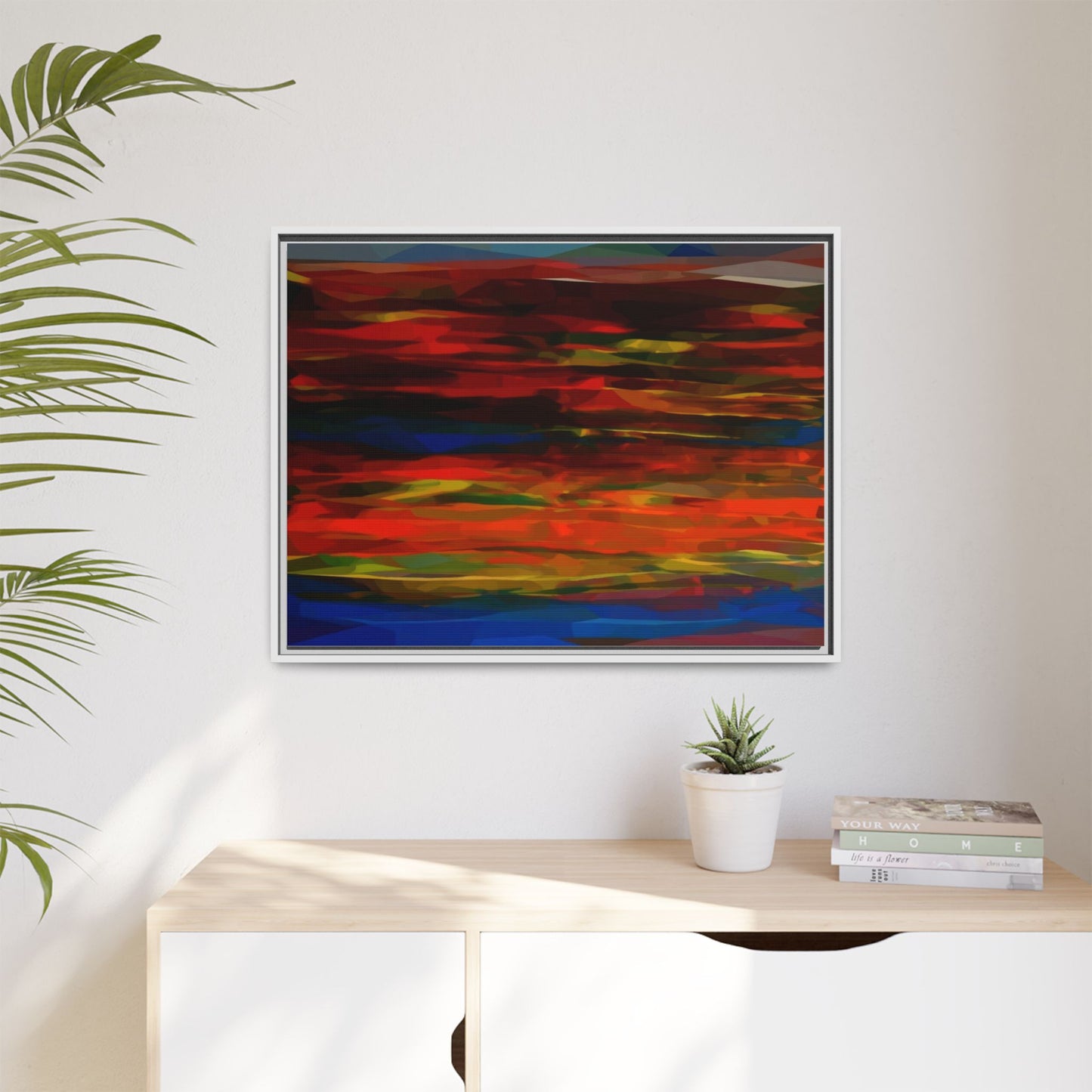 Abstract Multi-Color Matte Canvas Framed Wall Art — Bold Red & Blue Modern Painting
