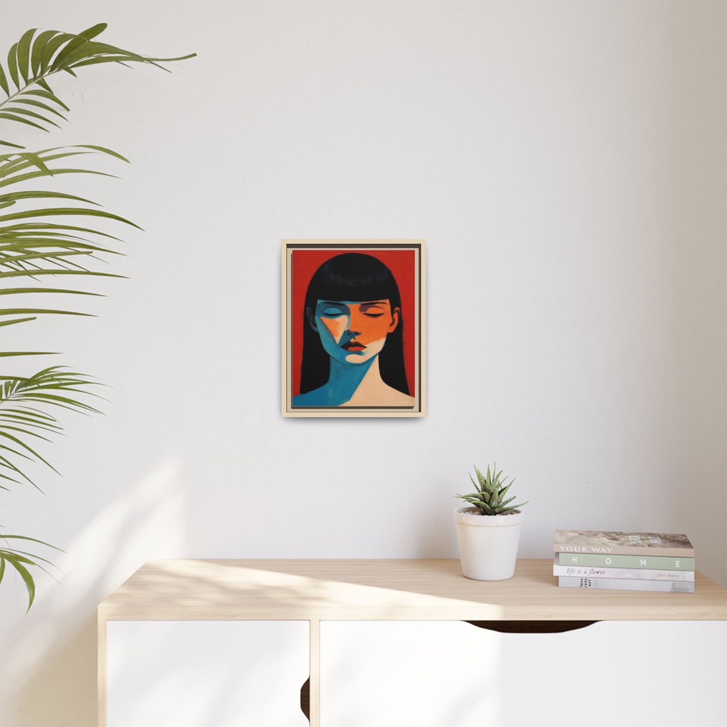 Framed Matte Canvas Art – Minimalist Portrait in Red & Teal