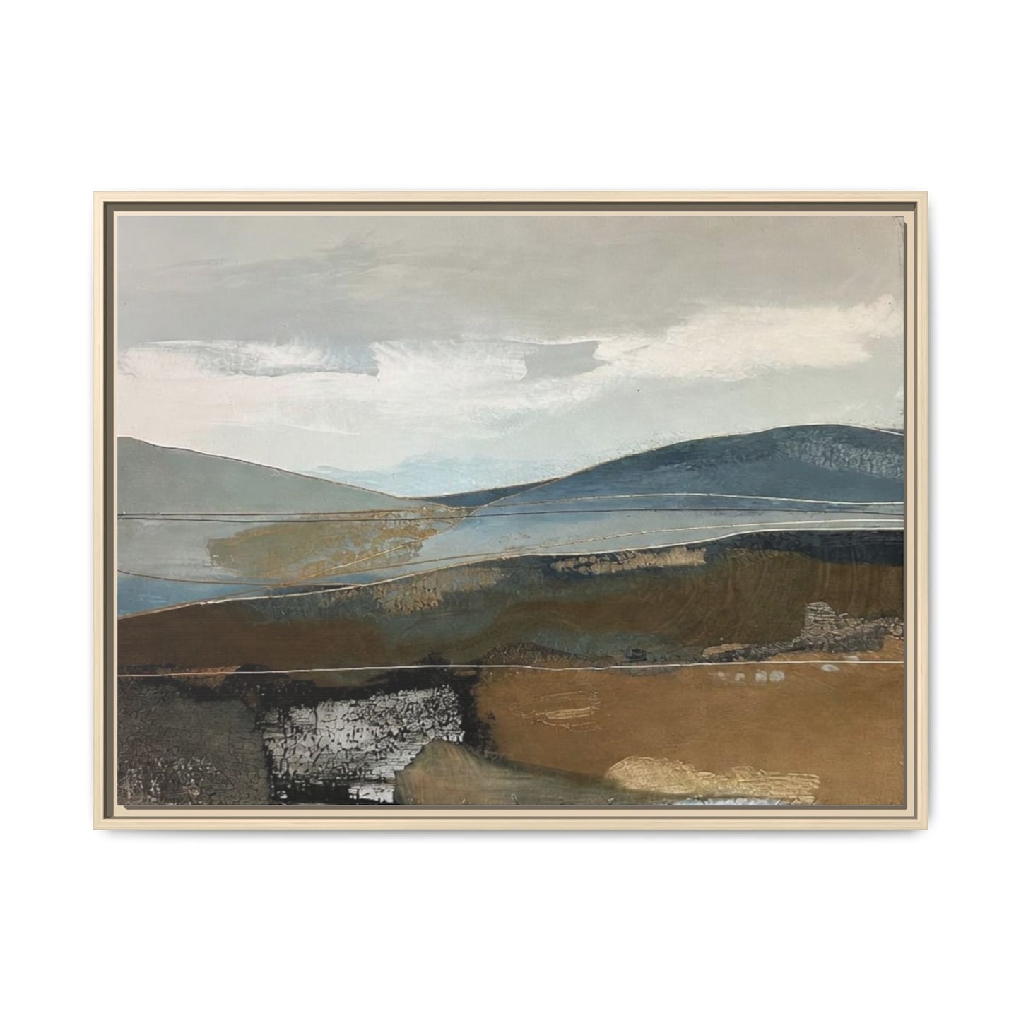 Framed Matte Canvas Landscape Art - Serene Abstract Hills in Blue & Earth Tones
