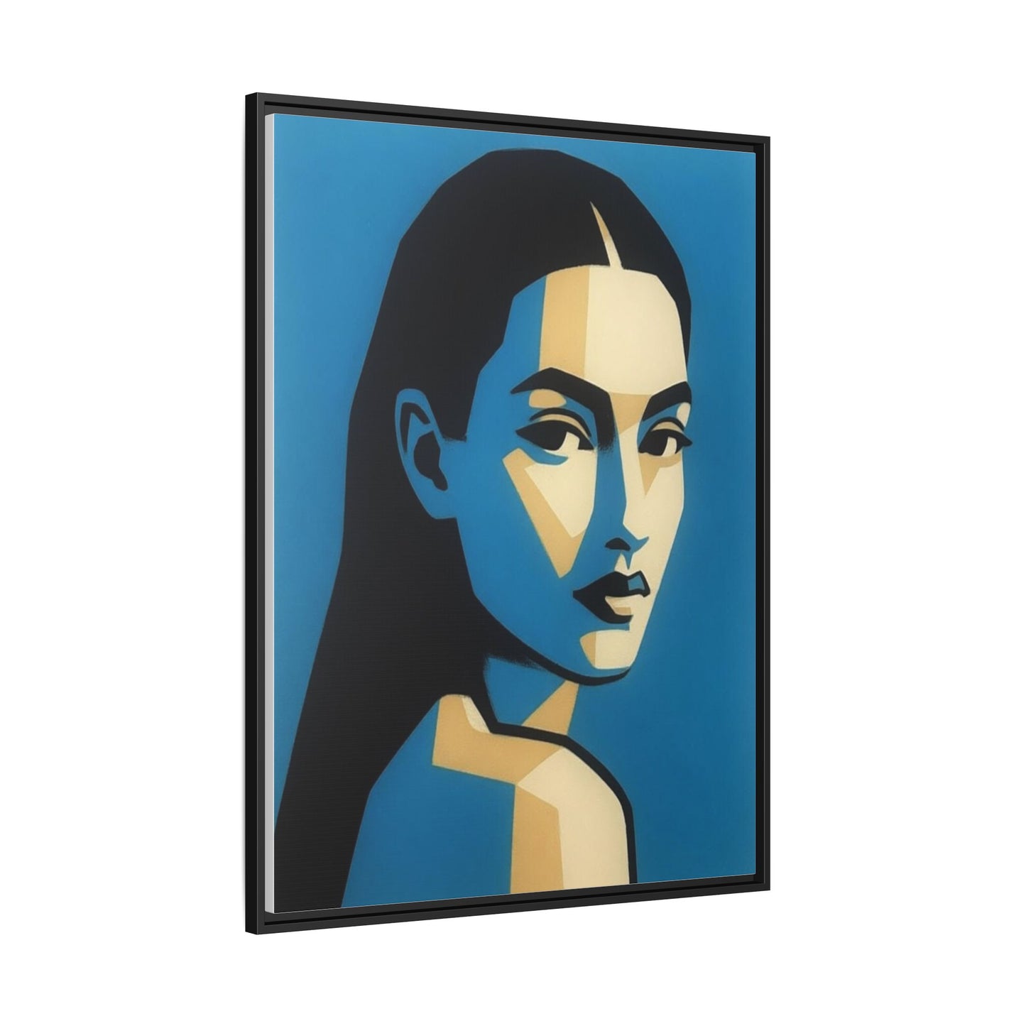 Framed Pop Art Portrait Canvas — Blue Geometric Woman Print