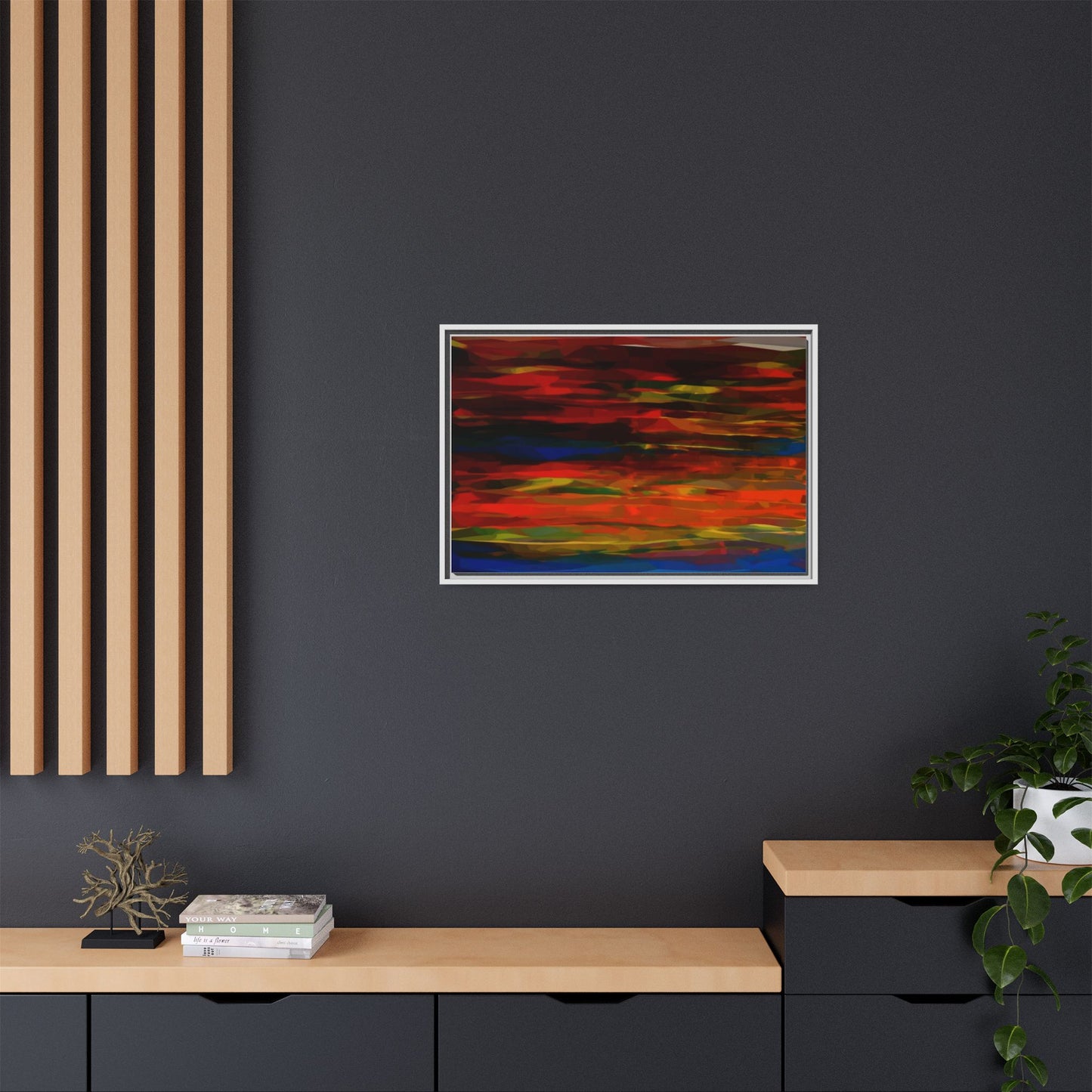 Abstract Multi-Color Matte Canvas Framed Wall Art — Bold Red & Blue Modern Painting