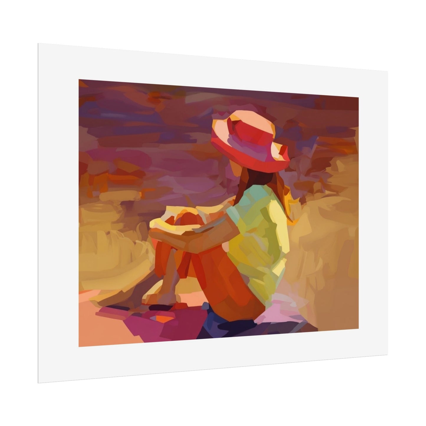 Sunset Daydream Rolled Poster — Colorful Girl in Hat Beach Art Print