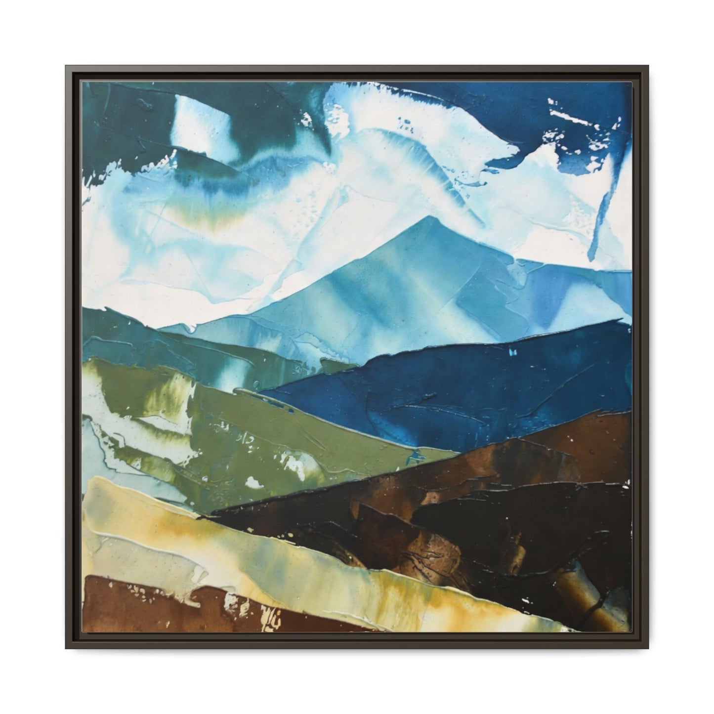 Framed Abstract Mountain Canvas Art — Blue & Earthtone Landscape Print