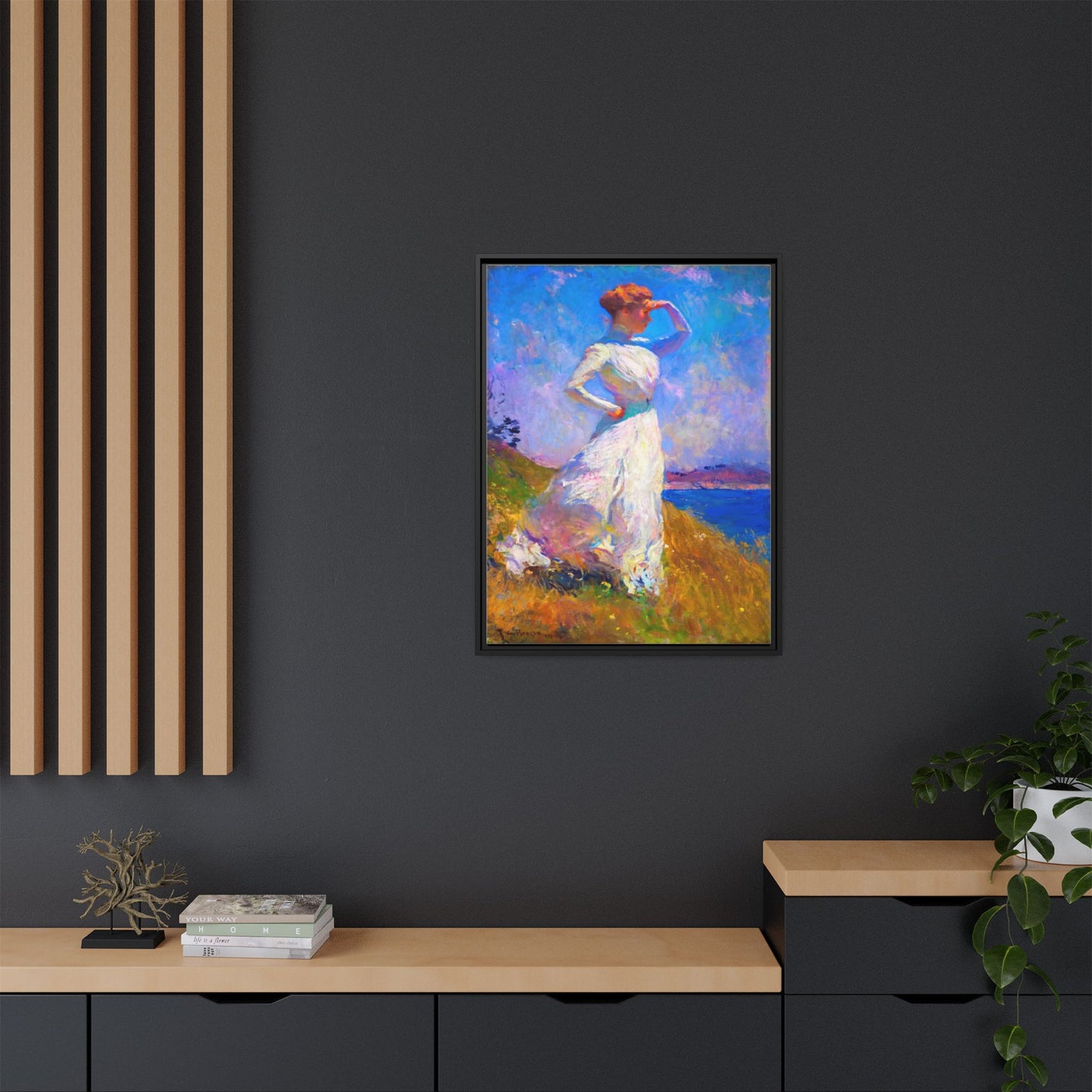 Framed Matte Canvas Art - Woman in White Seaside Impressionist Print