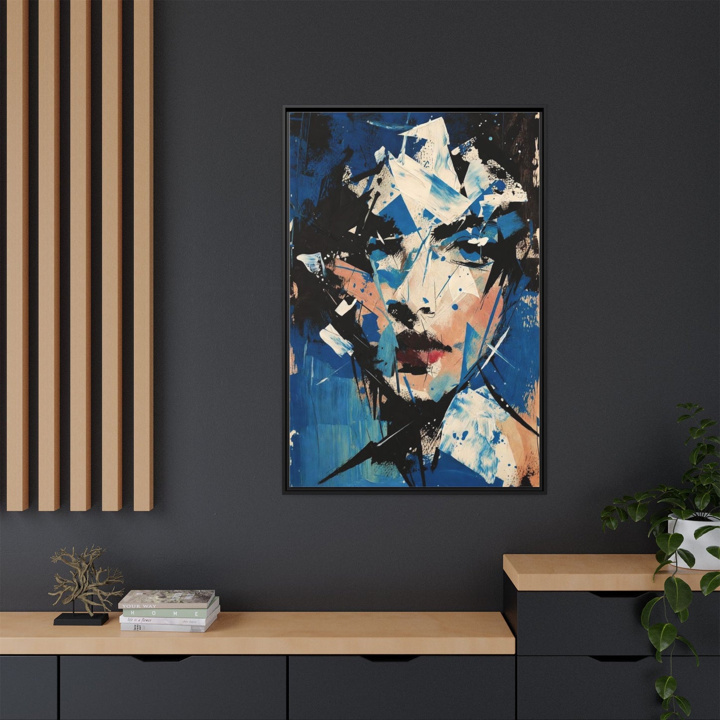 Abstract Portrait Matte Canvas Framed Wall Art — Blue Mixed-Media Face Print