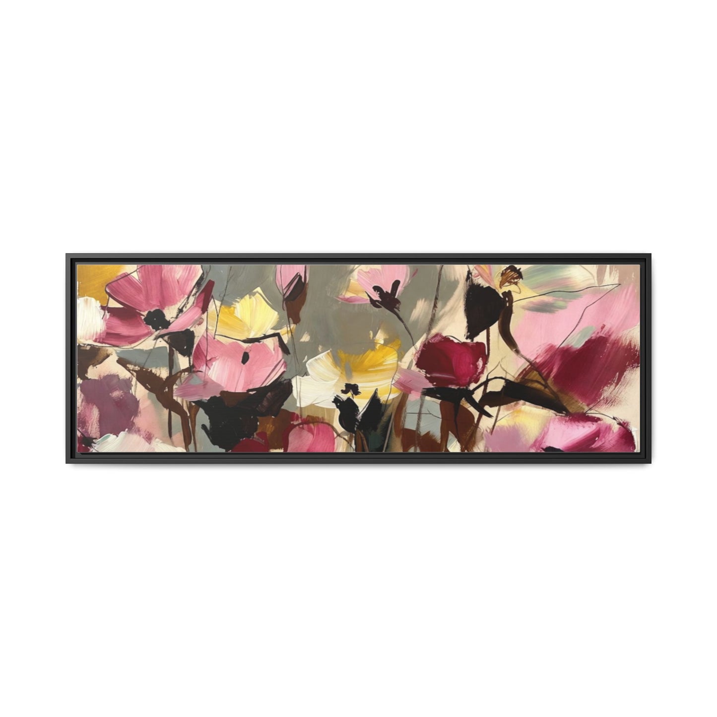 Framed Floral Canvas Wall Art — Abstract Pink & Yellow Flowers