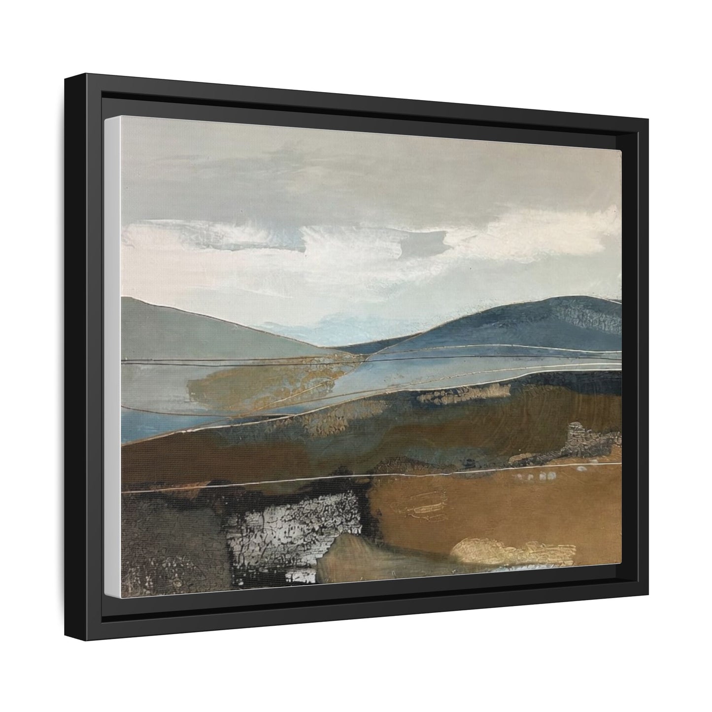 Framed Matte Canvas Landscape Art - Serene Abstract Hills in Blue & Earth Tones