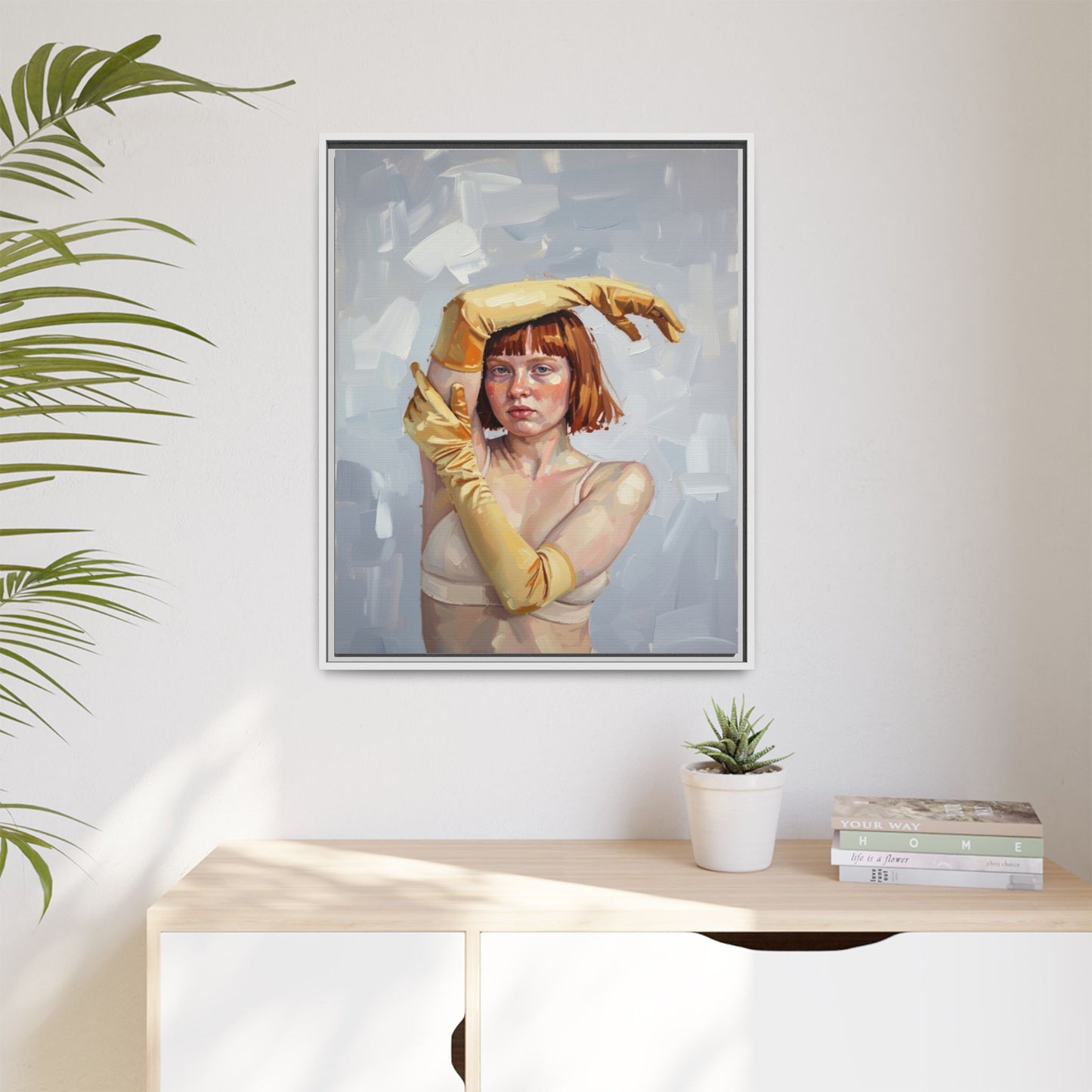 Contemporary Portrait Canvas Print — Woman with Yellow Gloves (Framed Matte)