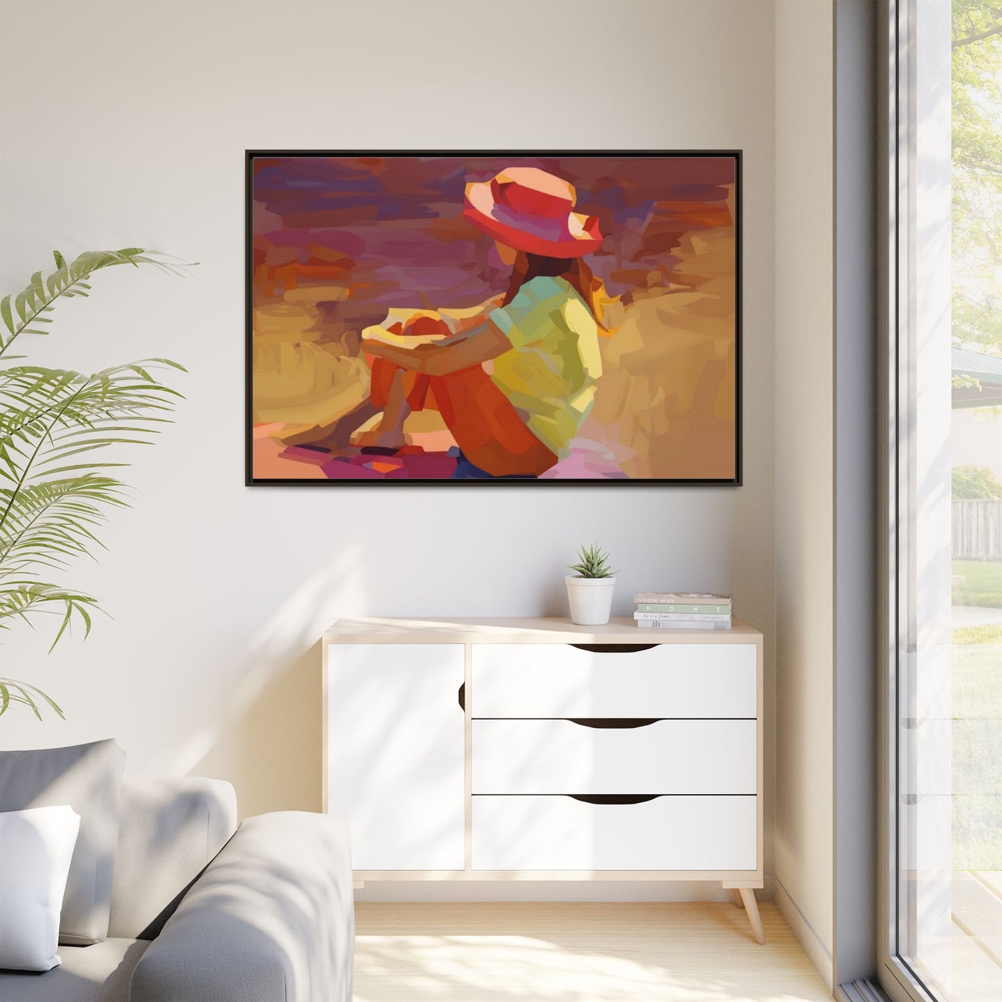Framed Matte Canvas — Colorful Seated Girl Beach Art