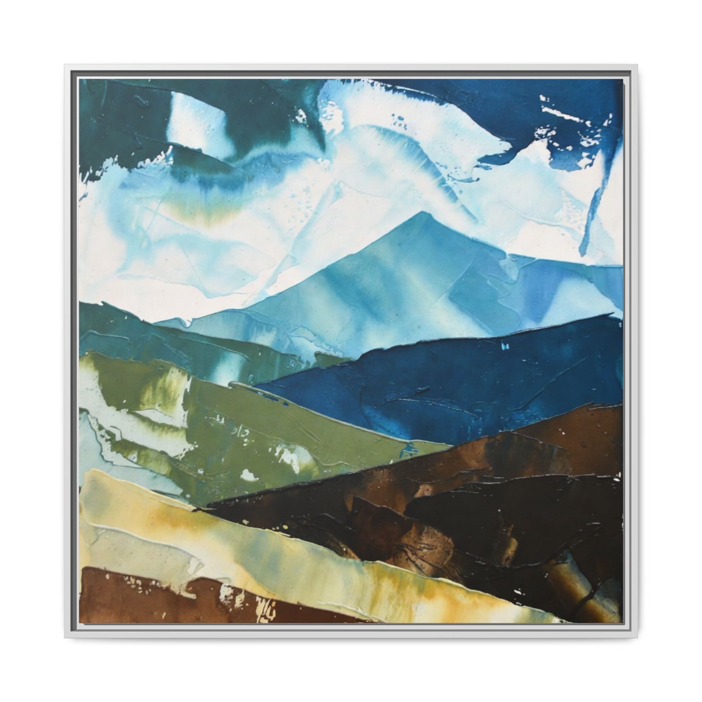Framed Abstract Mountain Canvas Art — Blue & Earthtone Landscape Print