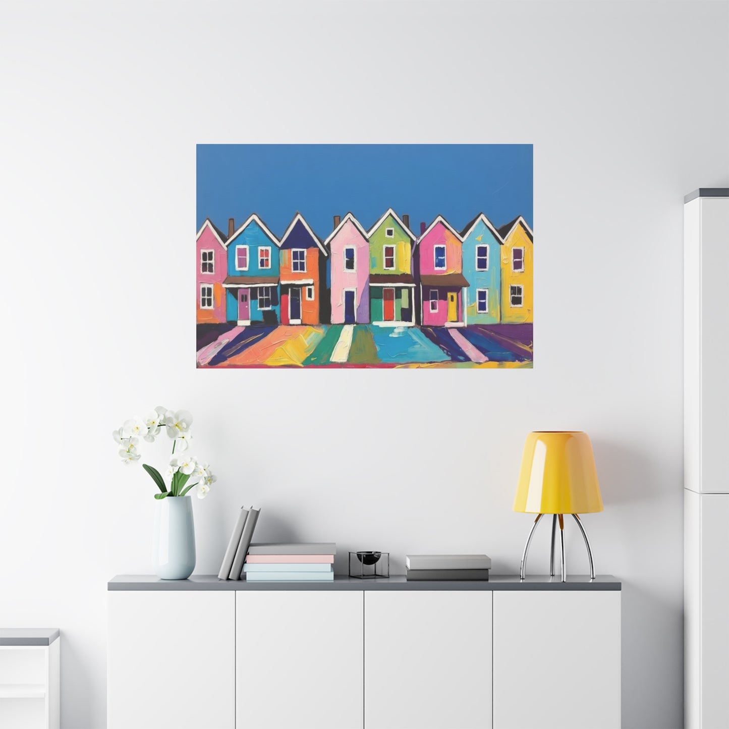 Colorful Row Houses Matte Canvas Print Vibrant Coastal Neighborhood Wall Art