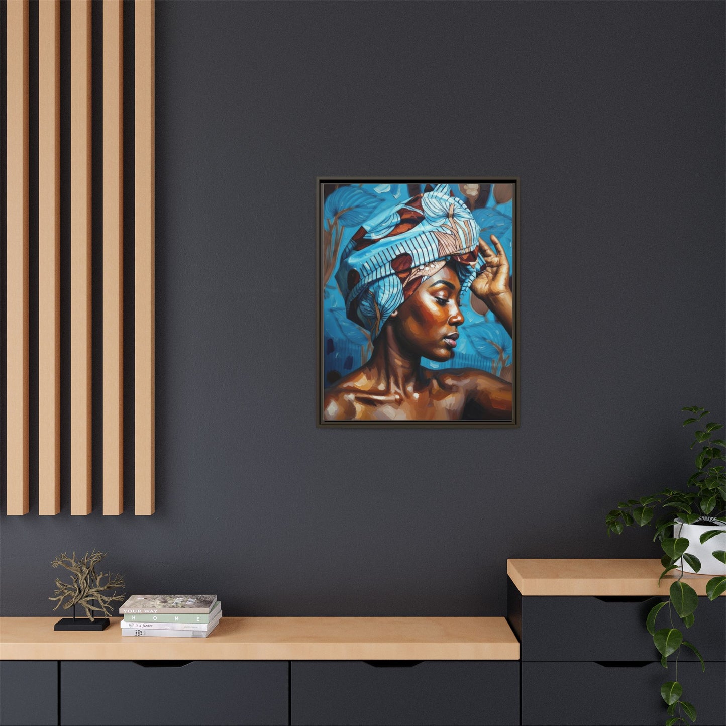 Framed Canvas Art — Portrait of Woman in Blue Headwrap