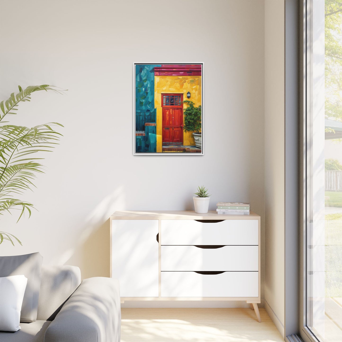 Framed Matte Canvas Wall Art — Colorful Red Door on Yellow Facade