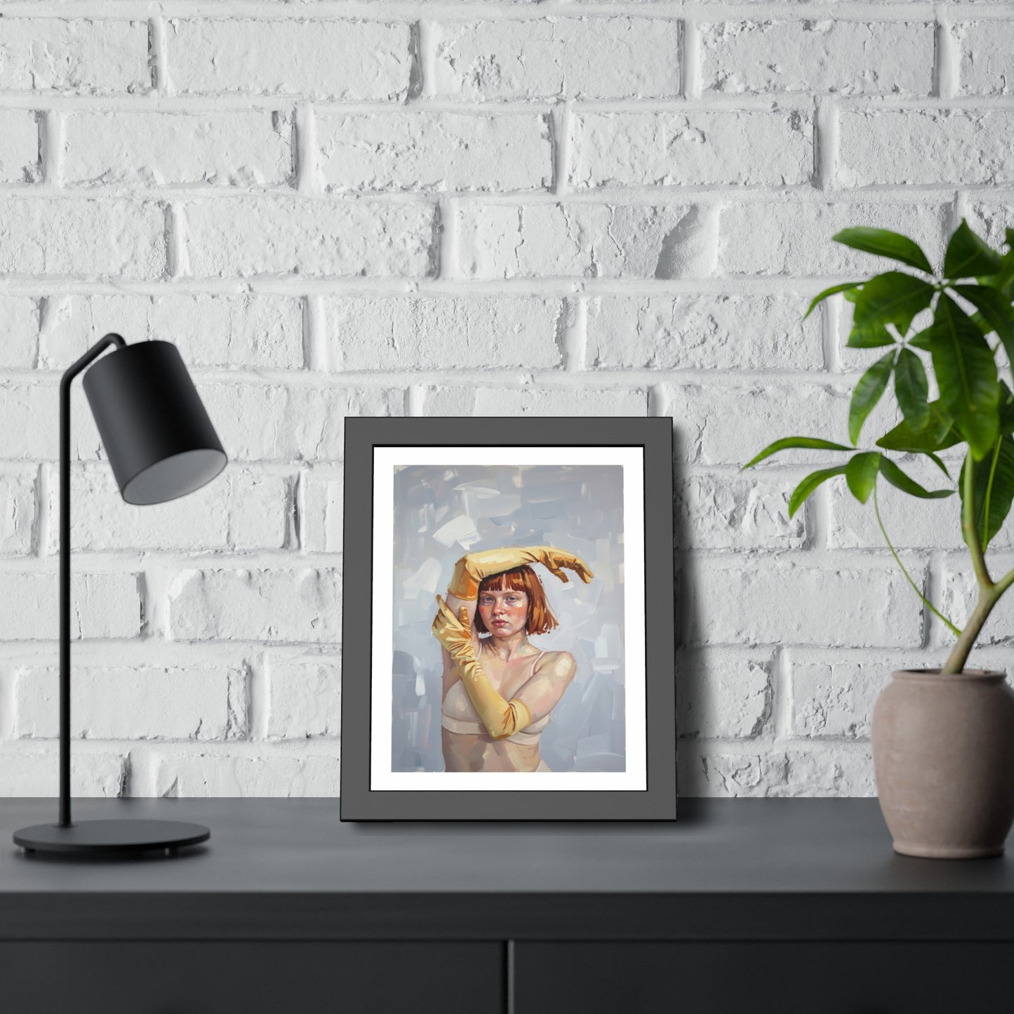 Framed Art Print — Portrait of Woman in Yellow Gloves (Modern Figurative Wall Art)