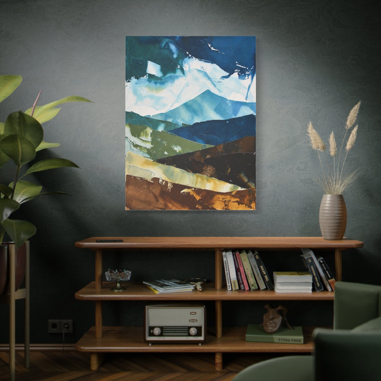 Abstract Mountain Landscape Matte Canvas Wall Art — Blue & Earth Tone Stretched Canvas